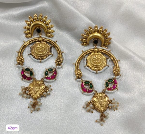 Carved Flower Tribal Style Fresh River Pearl 22K Gold Plated 925 Sterling Silver Earrings