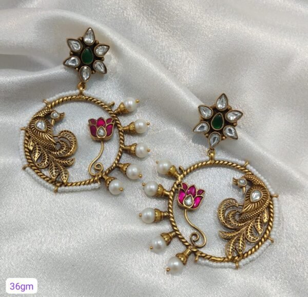 Awesome Carved Bird Figure Kundan Fresh River Pearl 925 Sterling Silver Earrings