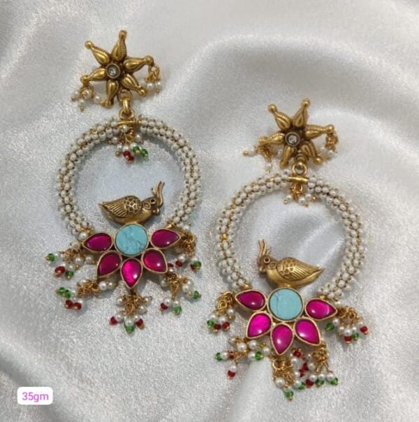 Gorgeous Floral & Bird Figure Tribal Look 22K Gold Plated 925 Sterling Silver Earrings
