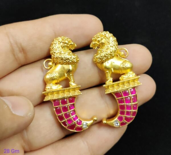 Majestic Carved Lion Figure Multi Color Kundan 22K Gold Plated 925 Sterling Silver Earrings