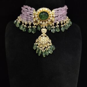 Carving Flower Moissanite Pink Beads Silver Choker Necklace – 22K Gold Plated | 925silvercharm