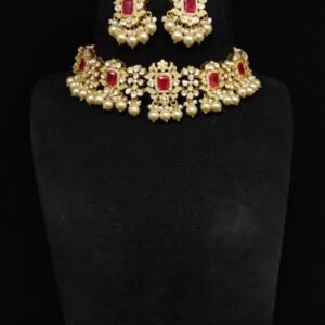 Gold Plated Moissanite Silver Polki pearl choker necklace set– 22K Gold Plated 925 Sterling Silver | 925silvercharm