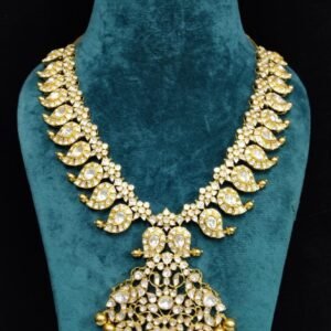 Shop the luxurious Moissanite Mango Necklace by 925silvercharm – 22k Gold Plated, 925 Sterling Silver, Polki-inspired design. Perfect for bridal and festive looks.