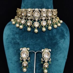 22K gold plated 925 sterling silver Moissanite Choker Set with pearl drops and matching earrings