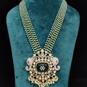 Shop Elephant Figure Moissanite Pendant mala by 925silvercharm – 22k gold plated, 925 silver, green beads, crafted with elegance and cultural charm.