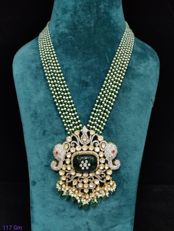 Shop Elephant Figure Moissanite Pendant mala by 925silvercharm – 22k gold plated, 925 silver, green beads, crafted with elegance and cultural charm.