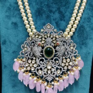 Shop Moissanite Moti Mala Pendant by 925silvercharm – 22k gold plated silver, bird figure design with moissanite sparkle and traditional moti elegance.