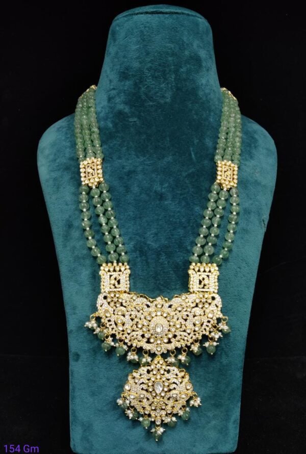 Shop Moissanite Green Beads Mala Pendant by 925silvercharm – 22k gold plated silver, moissanite sparkle, and handcrafted green bead elegance.