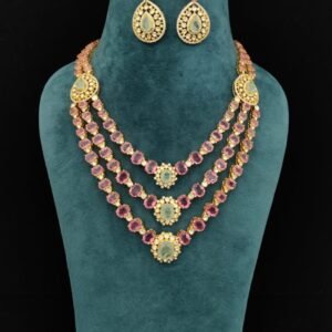 22k Gold Plated 925 Sterling Silver Purple Beads Layered Moissanite Necklace