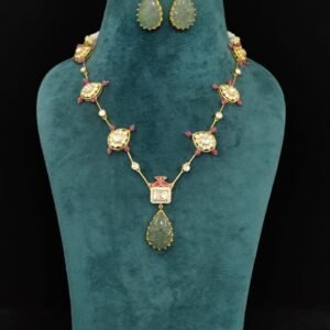 22k Gold Plated 925 Sterling Silver Green Stone Moissanite Long Necklace Set by 925silvercharm