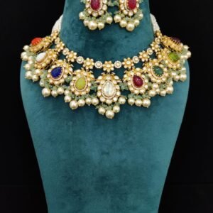 Moissanite Navratan Necklace Set by 925silvercharm