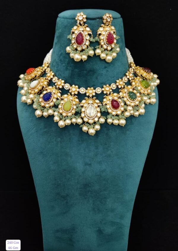 Moissanite Navratan Necklace Set by 925silvercharm