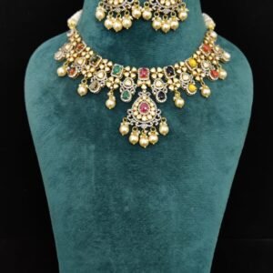 22k Gold Plated 925 Sterling Silver Moissanite Navratan necklace Set