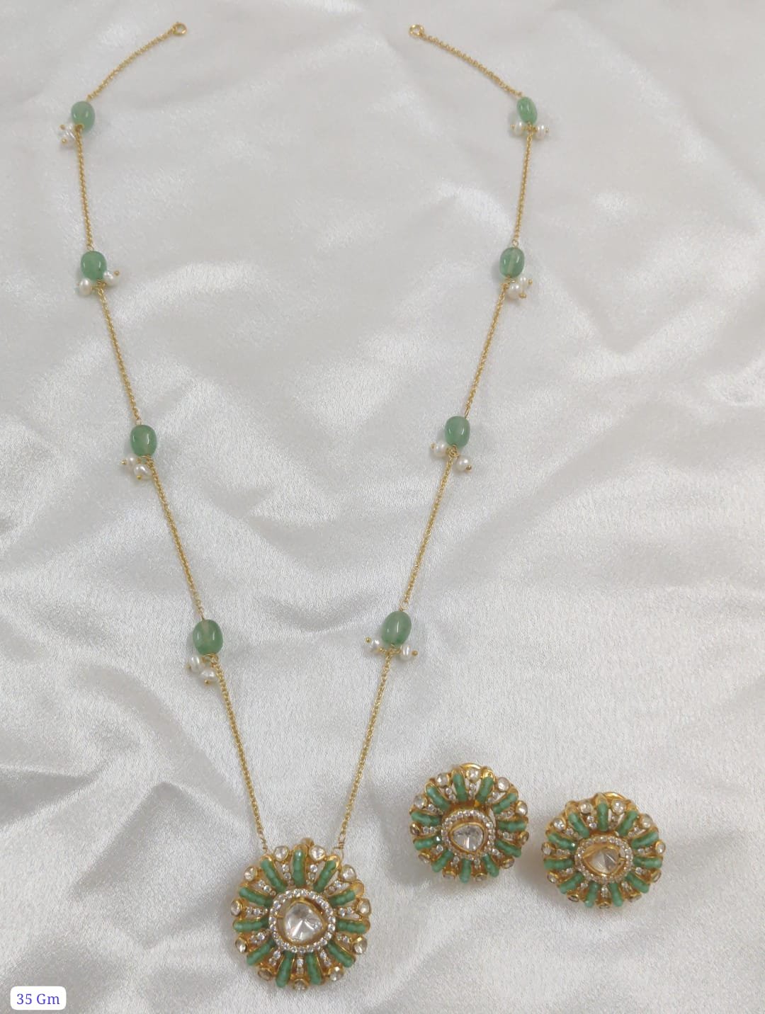 22K Gold Plated 925 Sterling Silver Green Beads Moissanite Long Necklace Set by 925silvercharm 22K Gold Plated 925 Sterling Silver Green Beads Moissanite Long Necklace Set by 925silvercharm
