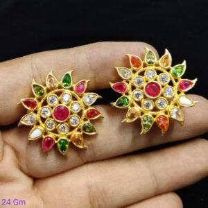 22K Gold Plated 925 Sterling Silver Floral Multi Color Stone Kundan Studs by 925silvercharm