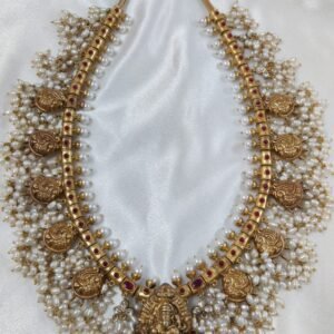 Ganesha Guttapusalu Necklace with pearls in 22K gold plated 925 silver by 925silvercharm.in