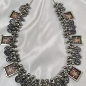 Krishna Silver Necklace with hand-painted Shri Krishna motifs in 925 sterling silver with oxidized finish and detailed bead work by 925silvercharm