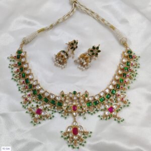 Kundan Necklace Set in 22K gold plated 925 silver with green stones, pink center stone and pearl drops
