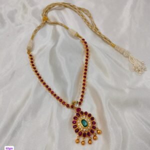 Kundan Pendant Necklace in 22K gold plated 925 sterling silver with ruby stones, green center and golden pearl drops