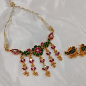 Kundan Mango Necklace in 22K gold plated 925 sterling silver with green red stones, flower and bird motifs
