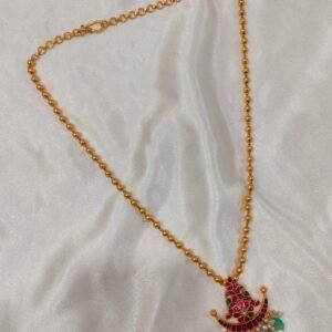 Kundan Pendant Necklace in 22K gold plated 925 sterling silver with pink stones green beads and pearl drops