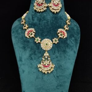 Floral Half Moon Necklace Set in 22K gold plated 925 sterling silver with pearl drops and matching earrings