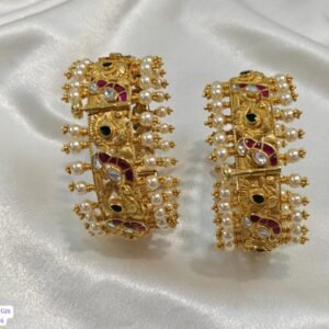 Nakashi Kundan Bangles in 22K gold plated 925 silver with pearl drops and bird design