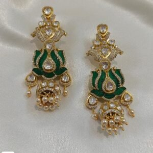 Moissanite green earrings with carving green stone and pearl drops in 22K gold plated 925 sterling silver by 925silvercharm.in